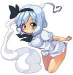  arms_behind_back black_hairband blush bottomless chacha_(tyatya) cropped_legs dress_shirt ghost green_eyes hairband hitodama konpaku_youmu konpaku_youmu_(ghost) leaning_forward looking_at_viewer naked_shirt no_pants shirt short_hair silver_hair simple_background smile solo tareme thighs touhou white_background 