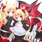  animal_ears apron bad_id bad_pixiv_id bat_wings blonde_hair bow chico152 colored_eyelashes fox_ears hair_bow horns hug long_hair looking_at_viewer multiple_girls official_art otome_tensei_grimoire_den pink_eyes striped striped_legwear thighhighs twintails very_long_hair wings 