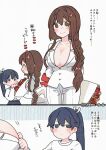 2girls alternate_costume alternate_hairstyle bouquet braid breasts brown_eyes brown_hair cleavage commentary_request hair_over_shoulder houshou_(kancolle) jacket kantai_collection large_breasts multiple_girls pants shirt single_braid suit_jacket translation_request undersized_clothes white_jacket white_pants white_shirt yamato_(kancolle) yoichi_(umagoya) 