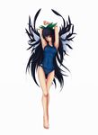  absurdres arm_behind_head armpits arms_up barefoot black_hair bow breasts cameltoe hair_bow hand_behind_head highres legs long_hair medium_breasts one-piece_swimsuit red_eyes reiuji_utsuho school_swimsuit shou_mai solo swimsuit touhou very_long_hair wings 
