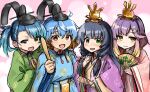  4girls :d blonde_hair blue_hair ebizome fang folding_fan freckles fukae_(hinamatsuri)_(kancolle) fukae_(kancolle) gradient_hair green_eyes hand_fan hand_on_own_chest hat highres hina_ningyou hinamatsuri hirabitai holding holding_fan japanese_clothes kantai_collection karaginu_mo kimono layered_kimono lineup matsuwa_(hinamatsuri)_(kancolle) matsuwa_(kancolle) multicolored_hair multiple_girls open_mouth pink_background purple_hair red_eyes ritual_baton sado_(hinamatsuri)_(kancolle) sado_(kancolle) saishi side_ponytail signature skin_fang smile sokutai tate_eboshi tsushima_(hinamatsuri)_(kancolle) tsushima_(kancolle) yellow_eyes 