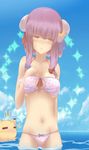  animal_ears bikini blue_sky blush breast_squeeze breasts brown_eyes cat cat_ears cleavage cloud collarbone crescent crescent_hair_ornament day double_bun flapping hair_ornament hair_ribbon hair_up hand_on_hip hazuki_ruu highres kemonomimi_mode kuzuneko large_breasts looking_away navel no_hat no_headwear ocean original patchouli_knowledge pink_bikini polka_dot polka_dot_bikini polka_dot_swimsuit purple_hair ribbon sky solo sparkle swimsuit touhou water 