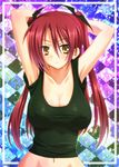  arms_behind_head bad_id bad_pixiv_id bat blush breasts cleavage covered_nipples hair_ornament kanden_suki kore_wa_zombie_desu_ka? large_breasts long_hair naegleria_nebiros navel red_hair smile solo two_side_up yellow_eyes 