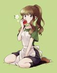  apple apron black_legwear brown_eyes brown_hair dress food fruit green_background kneehighs long_hair original ponytail simple_background sitting solo ttk_(ehohmaki) wariza 