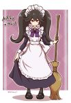  1girl apron ashley_(warioware) black_dress black_hair broom commentary_request dress expressionless full_body highres holding holding_broom long_dress maid maid_apron maid_headdress plaid_background red_eyes shitacemayo skirt_hold solo twintails twitter_username warioware 