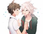  2boys ahoge blush brown_hair collarbone commentary_request danganronpa eyebrows_visible_through_hair green_eyes green_hood green_hoodie hair_between_eyes hands_together hinata_hajime hood hoodie komaeda_nagito long_sleeves looking_at_another messy_hair multiple_boys school_uniform shirt short_hair short_sleeves star super_danganronpa_2 upper_body upper_teeth white_hair white_shirt yellow_eyes yuhi_(hssh_6) 