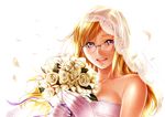  bad_id bad_pixiv_id bare_shoulders blonde_hair blush bouquet breasts bridal_veil dress flower glasses gloves kiryuu_moeka long_hair medium_breasts nidoro petals purple_eyes ribbon smile solo steins;gate veil wedding_dress 