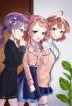  3girls :t absurdres ahoge black_jacket black_skirt blue_overskirt blue_ribbon blue_skirt blush bottle braid brown_hair butterfly_hair_ornament cardigan gakuen_idolmaster gokugetsu_academy_school_uniform hair_ornament hanami_saki hanami_ume hatsuboshi_gakuen_school_uniform highres holding holding_bottle idolmaster indoors jacket kaya_rinha looking_at_another mirai_(mirai2498) multiple_girls neck_ribbon pink_cardigan pink_jacket purple_hair ribbon school_uniform shirt siblings sisters skirt smile walking white_shirt 