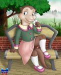 2015 5_fingers anthro bench brick_wall brown_fur clothed clothing cub detailed_background digital_media_(artwork) eyelashes female flower fur holding_flower holding_object looking_aside mammal mustelid onzeno otter ottoline_otter outside plant rupert_bear skirt smile solo whiskers young 