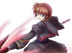  azumaya_hironaru blue_eyes brown_hair dress fingerless_gloves gloves luciferion lyrical_nanoha magical_girl mahou_shoujo_lyrical_nanoha mahou_shoujo_lyrical_nanoha_a's mahou_shoujo_lyrical_nanoha_a's_portable:_the_battle_of_aces material-s open_mouth puffy_sleeves short_hair solo staff 