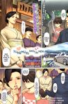  3girls black_hair brown_eyes brown_hair car closed_eyes comic_hotmilk english finger_to_mouth ground_vehicle highres japanese_clothes kimono lips mature motor_vehicle multiple_boys multiple_girls oda_non smile text_focus translated 