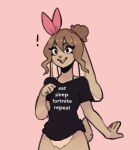 2018 anthro bangs bent_arm biped black_clothing black_eyes black_shirt black_topwear bottomless bottomless_anthro bottomless_female breasts brown_eyebrows brown_hair clothed clothed_anthro clothed_female clothing digital_media_(artwork) english_description english_text exclamation_point eyebrows eyelashes female female_anthro fist floppy_ears fur glistening glistening_hair hair hair_between_eyes hair_bun half-length_portrait lagomorph leporid long_bangs long_ears lop_ears mammal nelnox no_pupils open_hand open_mouth open_smile pink_background pink_nose pink_ribbon pink_tongue portrait print_clothing print_shirt print_topwear rabbit scut_tail shirt short_tail simple_background smile solo tail tan_arms tan_body tan_ears tan_face tan_fingers tan_fur tan_hands tan_inner_ear tan_neck tan_tail teeth text text_on_clothing text_on_shirt text_on_topwear text_print tongue topwear tucked_arm white_sclera white_text