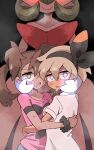  3girls bea_(pokemon) black_background black_hairband black_scrunchie blue_eyes blush bob_cut breasts breath brown_hair collarbone colored_skin elbow_gloves flat_chest gardevoir gloves glowing glowing_eyes green_eyes green_hair hair_between_eyes hairband hand_on_another&#039;s_cheek hand_on_another&#039;s_face head_out_of_frame heart heart-shaped_pupils height_difference highres hug hypnosis kurachi_mizuki looking_at_viewer looking_back medium_hair mega_gardevoir mega_pokemon mind_control multiple_girls open_mouth pink_shirt pokemon pokemon_swsh pokemon_xy quad_tails revision scrunchie shauna_(pokemon) shirt short_hair short_sleeves sidelocks small_breasts standing steam steaming_body straight-on sweat symbol-shaped_pupils upper_body white_gloves white_shirt white_skin wrist_scrunchie yuri 