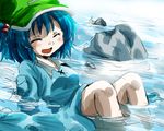  ^_^ bare_legs blue_hair closed_eyes hair_bobbles hair_ornament hat kawashiro_nitori open_mouth partially_submerged river rock skirt smile solo touhou two_side_up unya water 