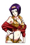  bob_cut breasts cleavage cowboy_bebop faye_valentine green_eyes hairband halter_top halterneck hand_on_hip lipstick makeup mayumio88 medium_breasts navel purple_hair shorts simple_background sleeves_rolled_up solo white_background yellow_hairband 