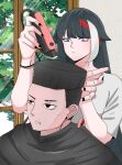  1boy 1girl azur_lane black_eyes black_hair black_nails blue_eyes bracelet choso_giving_toudou_a_haircut_(meme) commander_(azur_lane) deutchii deutschland_(azur_lane) fade_(haircut) hair_clipper hair_flaps high_top_fade highres indoors jewelry meme razor scar scar_on_face scar_on_mouth shirt short_sleeves tree white_hair white_shirt window 