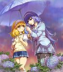  aono_miki bag blonde_hair blue_eyes blue_hair crossover eyelashes flower fresh_precure! hairband handbag handkerchief hisahiko hydrangea kise_yayoi long_hair multiple_girls nanairogaoka_middle_school_uniform open_mouth pantyhose precure purple_hair rain school_uniform shared_umbrella short_hair skirt smile smile_precure! sweater_vest torigoe_gakuen_school_uniform umbrella white_hairband yellow_eyes 