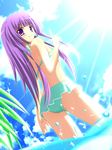  bikini bikini_skirt dutch_angle highres long_hair nanairo_fuusen original pointing purple_eyes purple_hair solo swimsuit 
