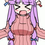  &gt;_&lt; akou_roushi animated animated_gif blush bouncing_breasts bow breasts closed_eyes hair_bow large_breasts long_hair lowres patchouli_knowledge purple_hair ribbed_sweater solo sweater touhou 