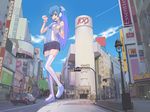  album_cover aqua_eyes aqua_hair cityscape cover day giant giantess guitar_(guitars) hatsune_miku highres long_hair looking_at_viewer necktie real_world_location shibuya_(tokyo) shibuya_109 sky smile solo taxi thighhighs tokyo_(city) twintails very_long_hair vocaloid zettai_ryouiki 