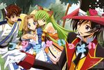  2girls ;) absurdres animal_ears artist_name black_hair brown_hair c.c. cat_ears code_geass code_geass:_nunnally_in_wonderland gloves green_eyes green_hair hat highres holding_hands kumagai_taeko kururugi_suzaku lelouch_lamperouge long_hair minagawa_kazunori multiple_boys multiple_girls newtype nunnally_lamperouge official_art one_eye_closed panties pink_panties purple_eyes robot_ears scan smile striped translated tree underwear uniform white_gloves yellow_eyes 