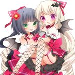  :o bad_id bad_pixiv_id bat_wings black_hair blonde_hair bow carrying chico152 colored_eyelashes fishnet_legwear fishnets garter_straps green_eyes hair_bow hair_ornament long_hair multiple_girls official_art open_mouth otome_tensei_grimoire_den pink_eyes princess_carry smile tail thighhighs very_long_hair wings 