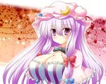  blush bow breasts cleavage crescent hat large_breasts osashin_(osada) patchouli_knowledge purple_eyes purple_hair solo star touhou upper_body 