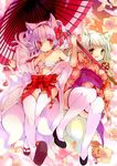  animal_ears bare_shoulders bow bracelet breasts cat cleavage fang flower fox_ears fox_tail green_eyes hair_bow hair_flower hair_ornament highres inui_achu japanese_clothes jewelry long_hair medium_breasts multiple_girls multiple_tails open_mouth oriental_umbrella original pink_hair red_eyes sarashi small_breasts smile tail thighhighs umbrella white_legwear 