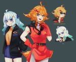  2girls absurdres ahoge amuro_ray amuro_ray_(cosplay) aqua_eyes aqua_hair black_jacket blonde_hair blue_eyes blue_shorts cosplay cowboy_shot dokibird_(vtuber) english_text frown gads_koookwee gloves gradient_hair grey_background gundam hair_ornament hairclip hand_on_own_hip hands_in_pockets highres i_came_here_to_laugh_at_you_(meme) indie_virtual_youtuber jacket long_hair medium_hair meme mint_fantome multicolored_hair multiple_girls multiple_views open_mouth orange_shirt pants parted_lips quattro_bajeena quattro_bajeena_(cosplay) red_gloves red_jacket shirt shorts sleeveless sleeveless_shirt smile sunglasses tail white_hair white_pants zeta_gundam 