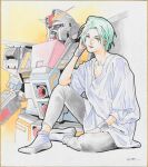  1girl aqua_hair beam_cannon chest_cannon commentary_request four_murasame gundam highres ikeda_kazuhiro looking_at_viewer machinery mecha mobile_suit psyco_gundam realistic robot science_fiction short_hair signature sitting titans_(gundam) wristband zeta_gundam 