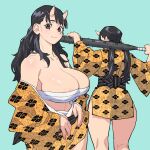  1girl areola_slip bare_shoulders black_hair blue_background breasts brown_eyes chest_sarashi club_(weapon) commentary_request dungeon_meshi highres holding holding_weapon horns inutade japanese_clothes large_breasts long_hair mole mole_under_eye oni ouma_bunshichirou sarashi sash shiny_skin simple_background skin-covered_horns smile solo spiked_club thighs twintails weapon weapon_behind_back 