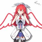  1girl aticsanir black_garter_straps blue_overskirt blue_skirt blush breast_pocket breasts double_v dress garter_straps hair_between_eyes headgear highres kantai_collection large_breasts long_hair looking_at_viewer messy_hair phoenix_(kancolle) pleated_skirt pocket red_eyes red_hair simple_background skirt sleeveless sleeveless_jacket smile solo thighhighs v white_background white_overskirt wings 
