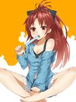  bad_id bad_pixiv_id bare_legs barefoot bow breasts chemise cleavage feet food hair_bow hands_on_feet heirou indian_style jacket long_hair mahou_shoujo_madoka_magica medium_breasts off_shoulder open_clothes open_jacket open_mouth ponytail popsicle red_eyes red_hair sakura_kyouko shorts sitting solo wide_ponytail 