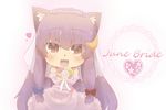  alternate_costume animal_ears blush bouquet bridal_veil bride brown_eyes cat_ears catchouli chibi crescent crescent_hair_ornament dress fang flower hair_ornament hair_ribbon hairband hazuki_ruu heart highres kemonomimi_mode long_hair looking_at_viewer no_hat no_headwear open_mouth patchouli_knowledge purple_hair ribbon smile solo touhou veil wedding_dress 
