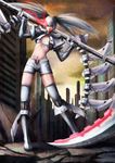  bikini_top black_rock_shooter black_rock_shooter_(game) boots burning_eye capelet glowing glowing_eye huge_weapon long_hair midriff navel over_shoulder red_eyes scythe shorts shou_mai solo thighhighs twintails weapon white_hair white_rock_shooter 
