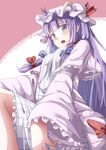  blush crescent dress gurasion_(gurasion) hat highres long_hair open_mouth patchouli_knowledge purple_eyes purple_hair solo striped striped_dress touhou vertical_stripes 