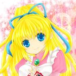  1girl apron blonde_hair blue_eyes breasts dress fingerless_gloves gloves lilith_aileron long_hair pink_background ponytail smile tales_of_(series) tales_of_destiny 