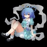  bad_id bad_pixiv_id black_background bloomers blue_eyes blue_hair dress hair_ornament hair_rings hair_stick kaku_seiga mary_janes shawl shoes sitting smile solo touhou tsukumizu_yuu underwear vest 