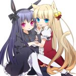  animal_ears bad_id bad_pixiv_id bell blonde_hair blue_eyes blush bunny_ears cat_ears cat_tail chico152 fake_animal_ears jingle_bell licking long_hair multiple_girls official_art otome_tensei_grimoire_den pantyhose pink_eyes purple_hair sitting slit_pupils tail thighhighs tongue very_long_hair white_legwear 