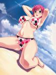  1girl absurdres armpits barefoot beach bikini breasts cloud dutch_angle green_eyes happoubi_jin happy highres iihara_nao large_breasts looking_at_viewer outdoors red_hair resort_boin smile striped striped_bikini striped_swimsuit swimsuit thick_thighs thighs 
