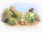 1boy 1girl absurdres avatar:_the_last_airbender avatar_legends barefoot beard black_hair blind cup english_text facial_hair green_hairband grey_hair hair_bun hairband highres holding holding_cup iroh japanese_clothes long_sleeves old original outdoors rock short_hair sitting smile tea teapot toph_beifong whitney_lanier 
