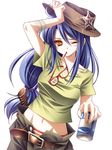  adjusting_clothes adjusting_hat belt blue_hair blush brown_eyes can diffraction_spikes glasses hat highres long_hair midriff moneti_(daifuku) mouth_hold navel one_eye_closed orange_eyes original panties red-framed_eyewear simple_background solo star striped striped_panties unbuttoned underwear white_background 