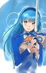  bangs blue blue_eyes blue_hair blue_hairband blunt_bangs hairband headband magic_knight_rayearth nishieda rapier ryuuzaki_umi smile solo sword weapon 