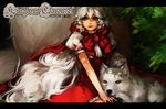  1girl blue_eyes bow cape copyright_request hood hood_down jpeg_artifacts letterboxed lips long_hair na_young_lee puffy_sleeves short_sleeves solo very_long_hair white_hair wolf 
