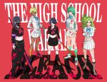  5girls absurdres aqua_eyes aqua_hair bandaid bandaid_on_cheek bandaid_on_face belt black_boots black_choker black_eyes black_hair black_mask black_serafuku black_shirt black_shoes black_skirt black_socks blazer bleach bleach:_sennen_kessen-hen blonde_hair blood blood_on_clothes blood_on_face blood_on_weapon blood_splatter blue_bow blue_bowtie boots bow bowtie bracelet brown_shoes candice_catnipp choker copyright_name crop_top crossed_arms dark-skinned_female dark_skin delinquent earrings english_commentary full_body green_eyes green_hair green_socks hair_bow hair_over_one_eye highres holding holding_scythe holding_sword holding_weapon jacket jewelry knee_boots kneehighs kuchiki_rukia kurotsuchi_nemu lace-up_boots lead_pipe loafers long_hair low_twintails mask midriff miniskirt mouth_mask multiple_earrings multiple_girls navel neckerchief nelliel_tu_odelschwanck o-ring o-ring_belt official_alternate_costume one_side_up parted_lips red_background red_neckerchief sailor_collar school_uniform scythe serafuku shaolong shirt shoes short_hair skirt sneakers socks standing straight_hair sukeban sword tier_harribel twintails very_long_hair weapon white_jacket white_shirt white_skirt wing_collar wooden_sword yellow_bow yellow_socks 