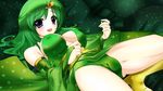  boots breasts bridal_gauntlets cameltoe cleavage covered_nipples detached_sleeves emiru_(mikosan) fat_mons final_fantasy final_fantasy_iv green green_hair green_leotard highres large_breasts legs leotard lying older open_mouth purple_eyes rydia spread_legs thighs 