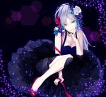  arm_support blue_eyes blue_flower blue_hair blue_rose breasts chimachi choker cleavage dress fingernails flower hair_flower hair_ornament hand_on_own_cheek high_heels highres layered_dress legs long_hair looking_at_viewer medium_breasts nail_polish original red_footwear red_nails ribbon rose see-through shoes sleeveless sleeveless_dress smile solo sparkle tsurime white_flower white_rose 