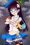  bad_id bad_pixiv_id bag banana bandages bandaid bandaid_on_hand bangs bittersweet_(dalcoms) black_hair blue-framed_eyewear blue_eyes blunt_bangs bow dress_shirt food frills fruit glasses hair_ornament handbag long_hair looking_at_viewer mismatched_legwear navel open_mouth panties rain ribbon shirt skirt solo striped striped_legwear striped_panties sword_girls thighhighs torn_clothes torn_legwear underwear wet 