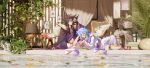  2boys absurdres afloat_leaves armor bird bishounen black_cape black_hair blue_eyes blue_hair brothers candle cape chair flamingo flower foliage food fruit glint globe grapes green_eyes hades_(saint_seiya) highres holding holding_food holding_fruit incense indoors julian_solo lamp leaf_on_liquid long_hair long_sleeves looking_at_viewer lying male_focus multiple_boys on_side open_mouth parted_lips pauldrons plant pool poseidon_(saint_seiya) potted_plant profile purple_robe purple_scarf red_flower red_rose robe rose saint_seiya scarf shoulder_armor siblings sideways_glance smile snowflake_(diodarja) spiked_hair vase white_robe wide_sleeves 