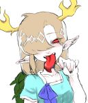 1girl blue_dress bow brown_hair choker dress fangs hair_over_one_eye haniwa_kue horns kicchou_yachie long_tongue medium_hair open_mouth portrait red_eyes scales short_sleeves solo tongue touhou turtle_shell very_long_ears white_background 